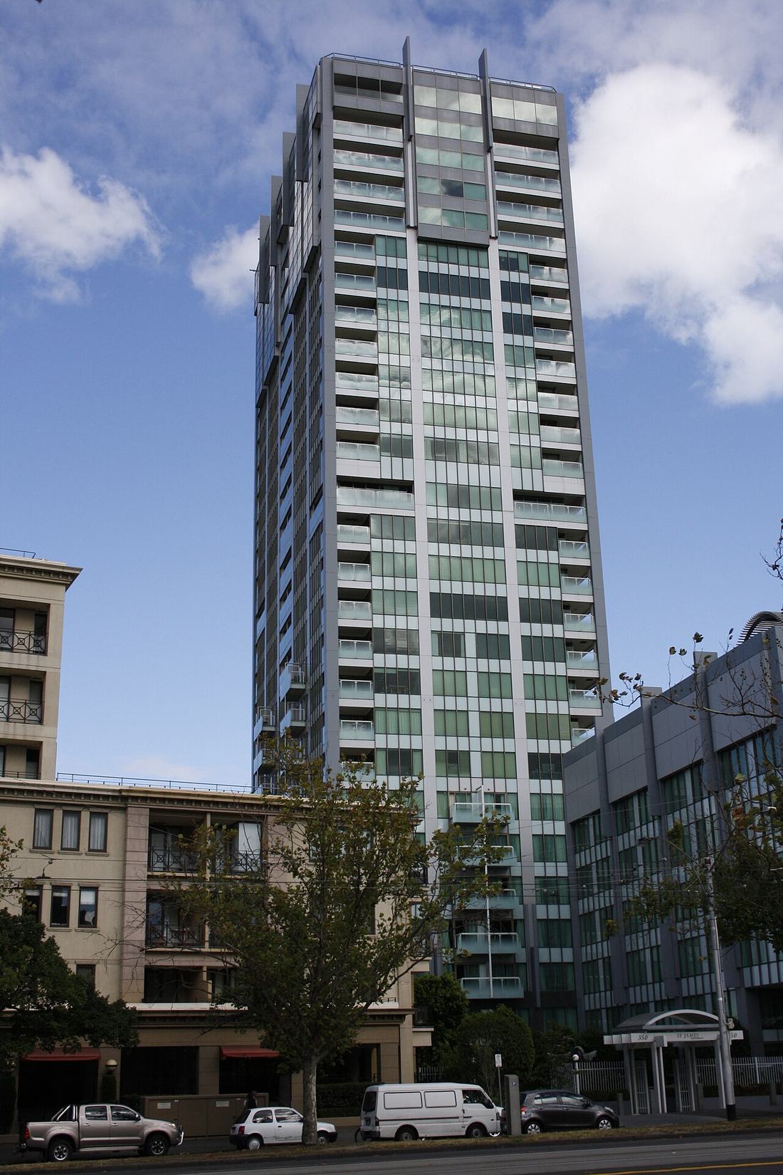 A tall apartment building on St Kilda Road in Melbourne